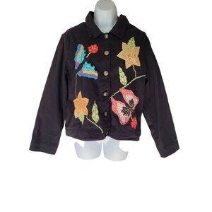 Vintage Denim Jacket Womens M Black Floral Applique Beaded Cotton Button Front L